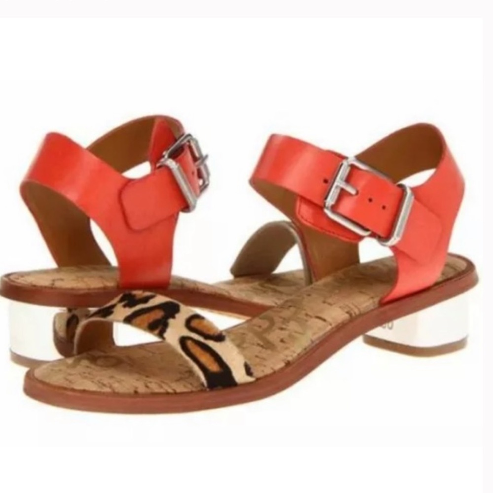 Sam Edelman Trina Sandal in New Nude Leopard/ Mandarin buckle ankle low heel